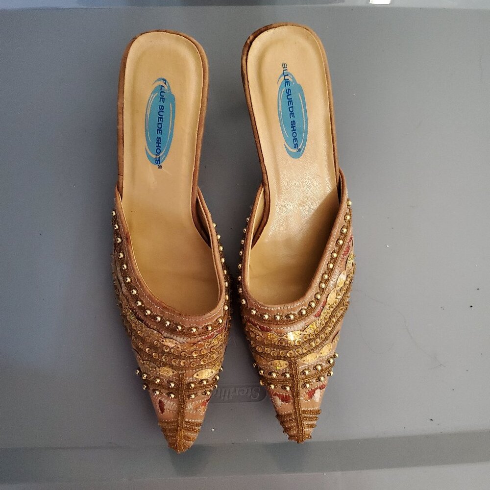Gorgeous "Blue Suede Shoes" Embellished Mules